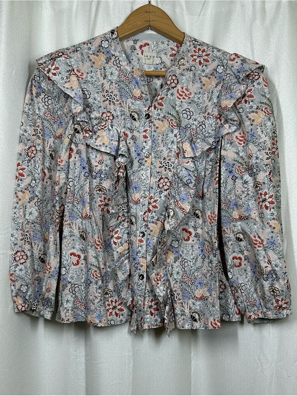 Rebecca Taylor La Vie Floral Top Cascading Ruffles Sz Small Button Down